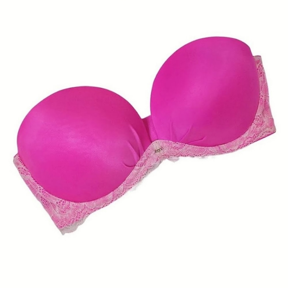 Victoria's Secret Push-Up Strapless Hot Pink Jewel Lace Underwire Ivory 32D Bra